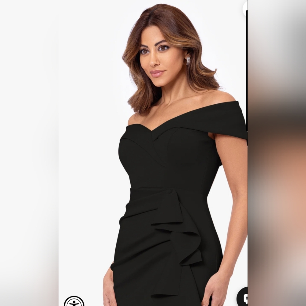 Xscape Evenings"Jessie" Short Scuba Off the Shoulder Ruffle Dress - Picture 4 of 11